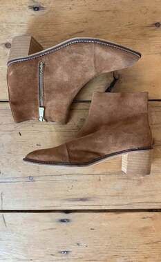 Vintage Tan Suede Ankle Boots: Pointed Toe, Low Heel - Size 8US - ,